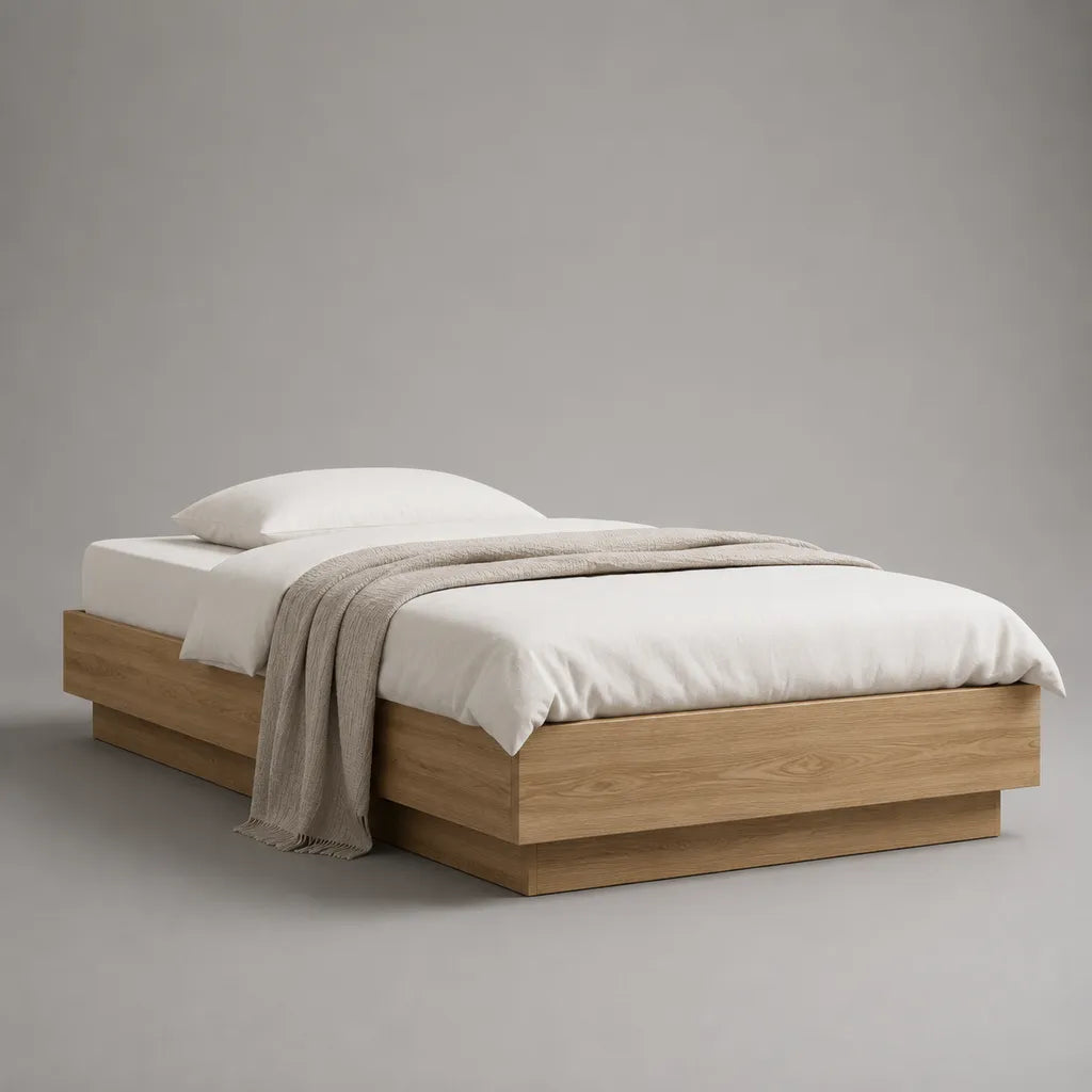 Telaio matrimoniale senza testa di letto in legno, rovere naturale, letto 160 × 200 cm, dimensioni 206 × 166 × 35 cm