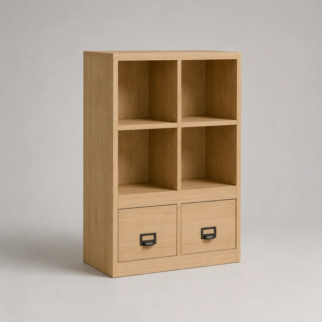 Armadio rettangolare in legno con 4 scomparti al giorno e 2 cassetti, rovere naturale e nero, 80 × 35 × 120 cm