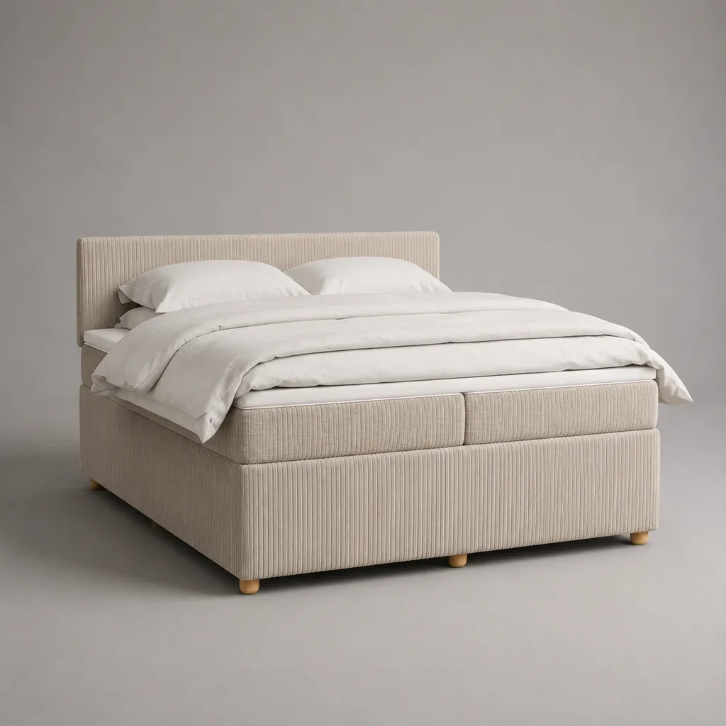 Letto matrimoniale imbottito in velluto a costine di poliestere beige, letto 160 × 200 cm, dimensioni 170 × 210 × 110 cm, con testa da letto