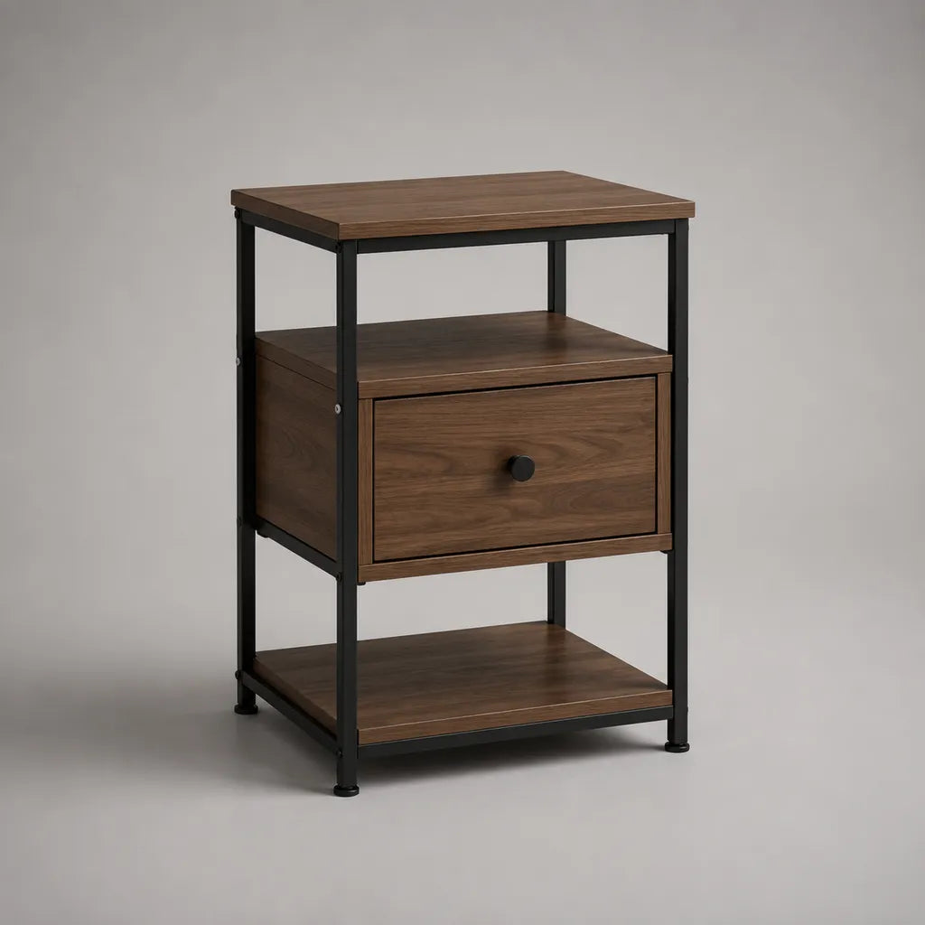 Comodino rettangolare con cassetto e 2 ripiani in pannello di particelle e acciaio, marrone noce e nero, 45 × 40 × 65 cm