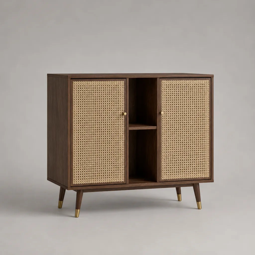 Credenza rettangolare a 2 porte in noce impiallacciato MDF e rattan naturale, marrone scuro e beige, 120 × 40 × 100 cm