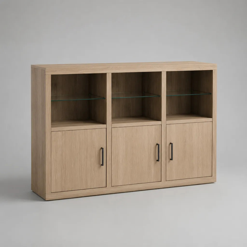 Credenza rettangolare in legno di melamina effetto rovere naturale con 3 porte, 3 camere al giorno e ripiani in vetro, 150 × 40 × 110 cm