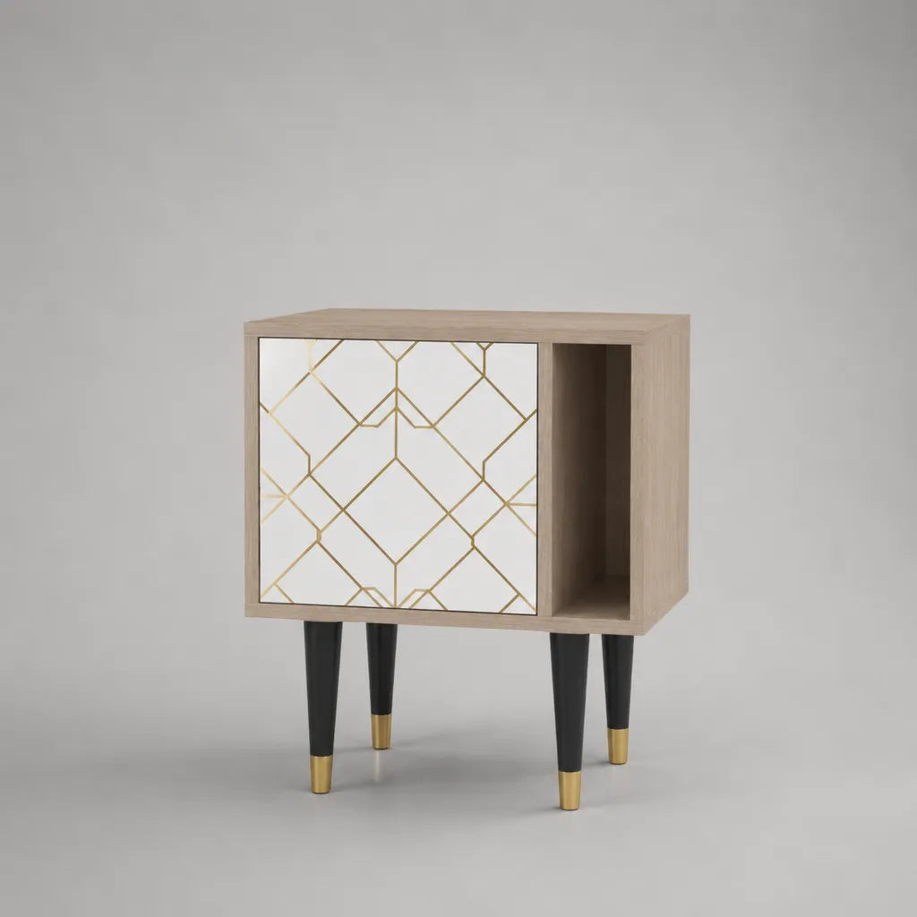 Comodino rettangolare in pannelli a particelle con porta e nicchia, rovere chiaro, bianco, nero e dorato, 60 × 35 × 65 cm