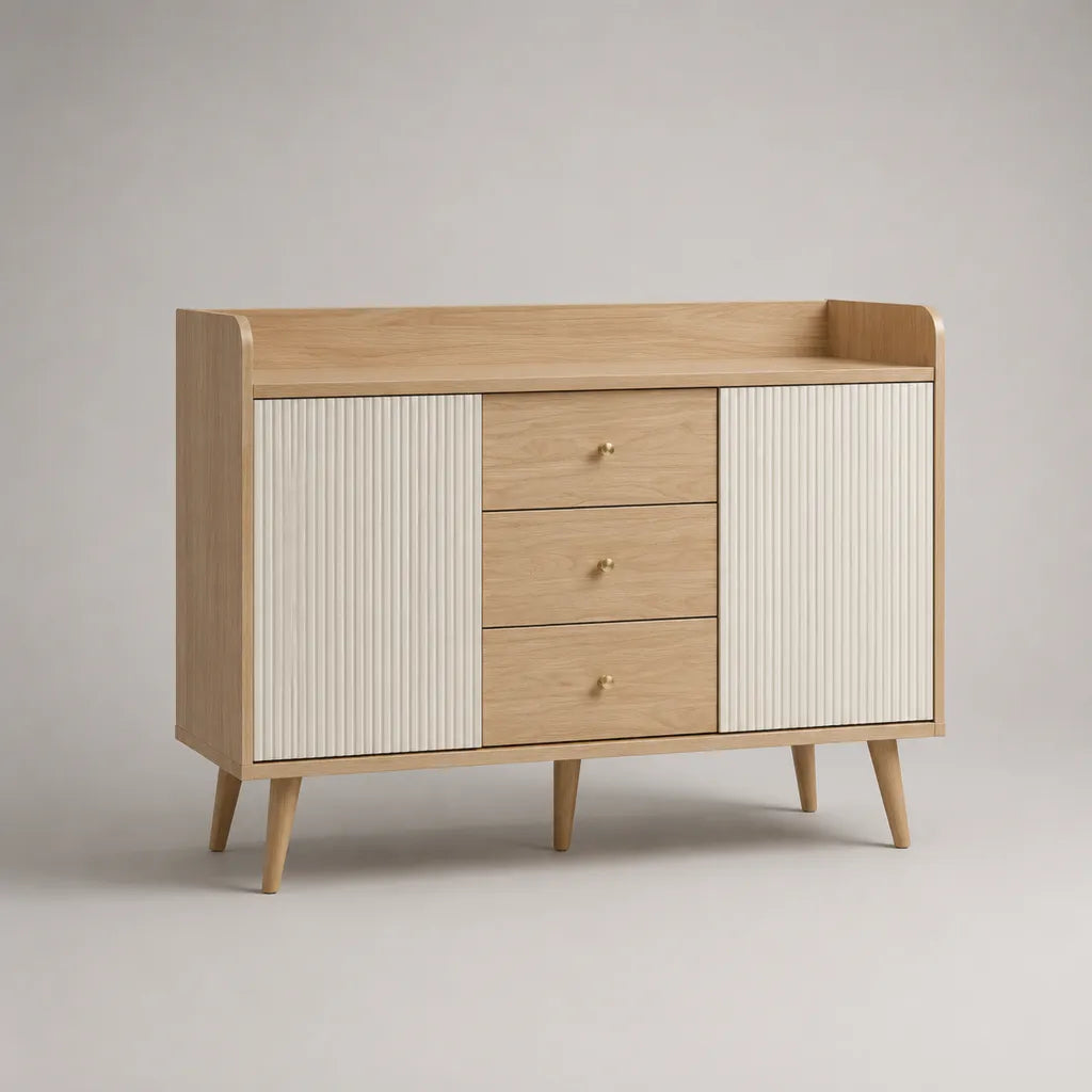 Credenza rettangolare in legno con 2 porte e 3 cassetti, rovere naturale e bianco, 120 × 40 × 100 cm