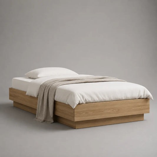 Telaio matrimoniale senza testa di letto in legno, rovere naturale, letto 160 × 200 cm, dimensioni 206 × 166 × 35 cm
