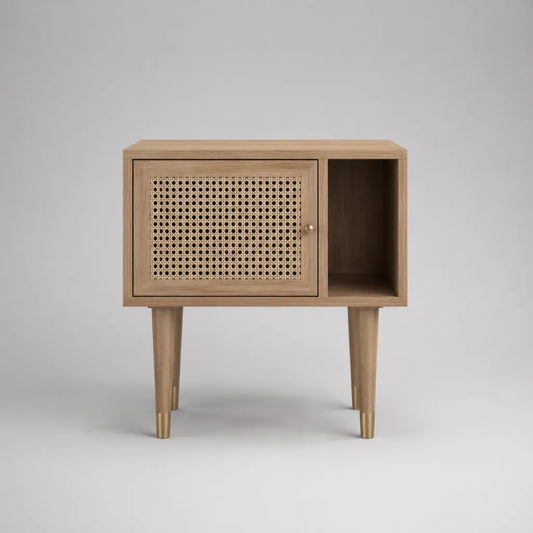 Comodino rettangolare in legno con porta in scatola di rattan e nicchia aperta, marrone naturale, 80 × 35 × 80 cm
