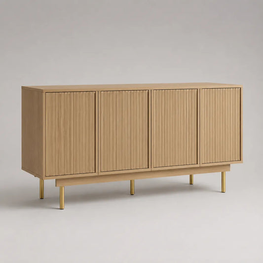 Credenza rettangolare in MDF impiallacciato e acciaio, rovere naturale e ottone, 4 porte scanallate, 160 × 40 × 80 cm