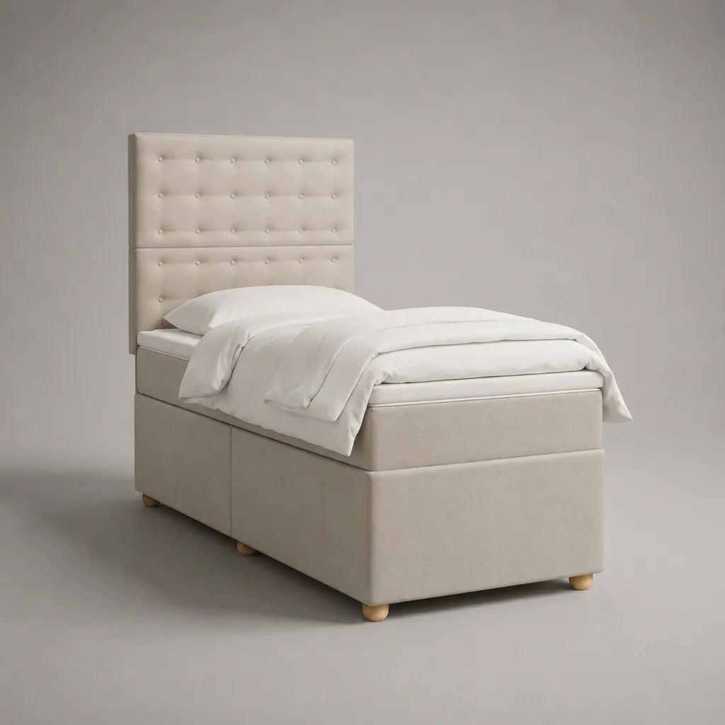 Letto singolo imbottito in tessuto beige con letto imbottito e testiera, letto 90 × 190 cm