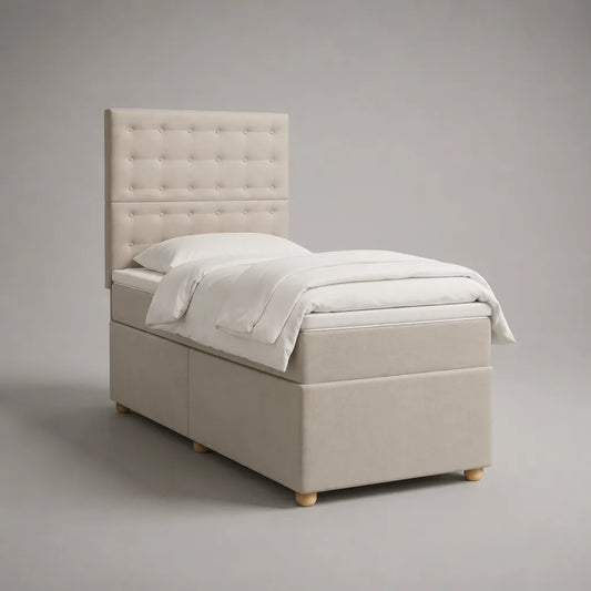Letto singolo imbottito in tessuto beige con letto imbottito e testiera, letto 90 × 190 cm