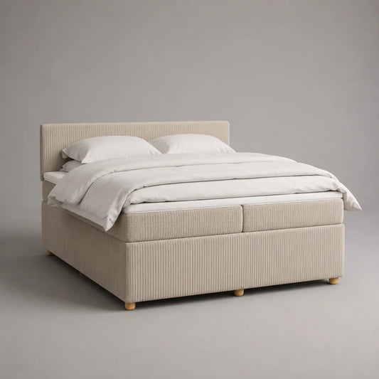 Letto matrimoniale imbottito in velluto a costine di poliestere beige, letto 160 × 200 cm, dimensioni 170 × 210 × 110 cm, con testa da letto