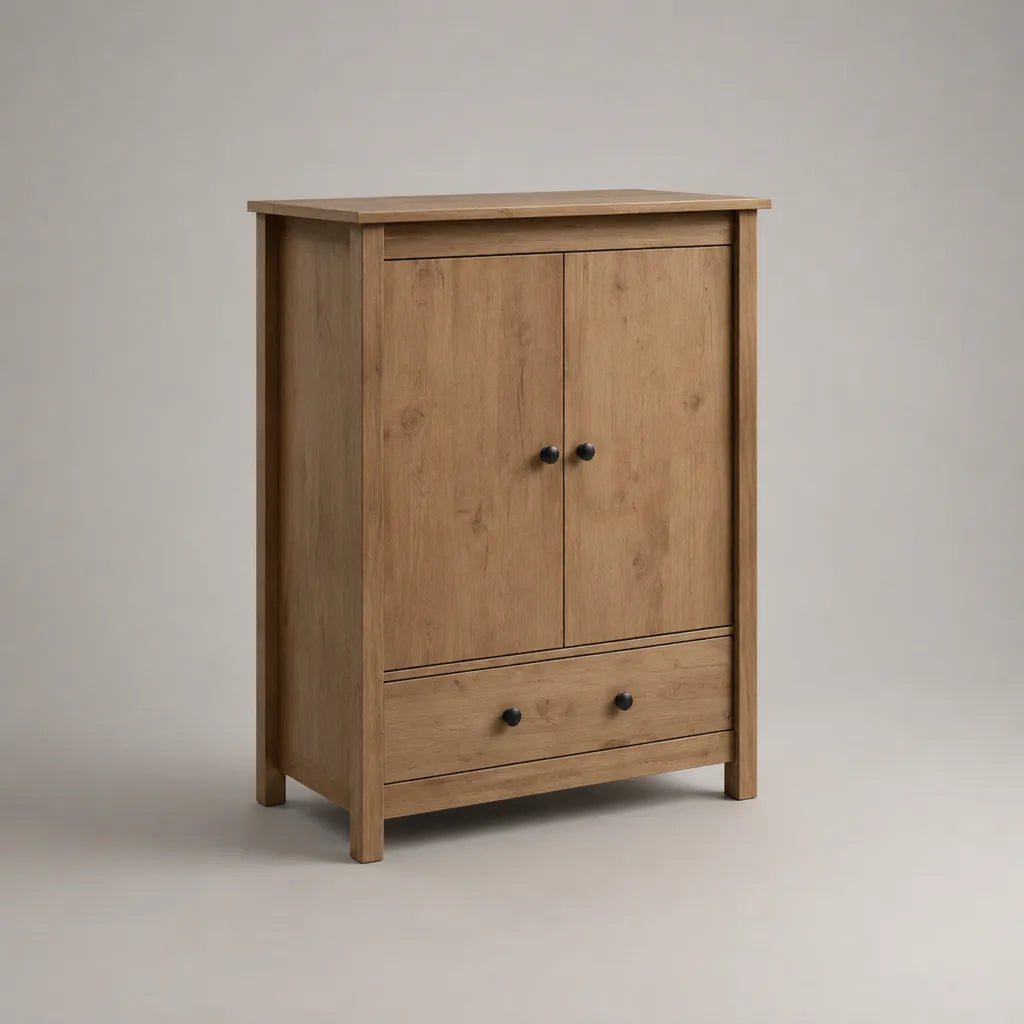 Elevata credenza rettangolare in legno massello di pino con 2 porte e 1 cassetto, rovere naturale e nero, 80 × 40 × 110 cm