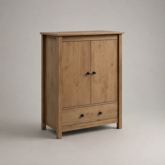 Elevata credenza rettangolare in legno massello di pino con 2 porte e 1 cassetto, rovere naturale e nero, 80 × 40 × 110 cm