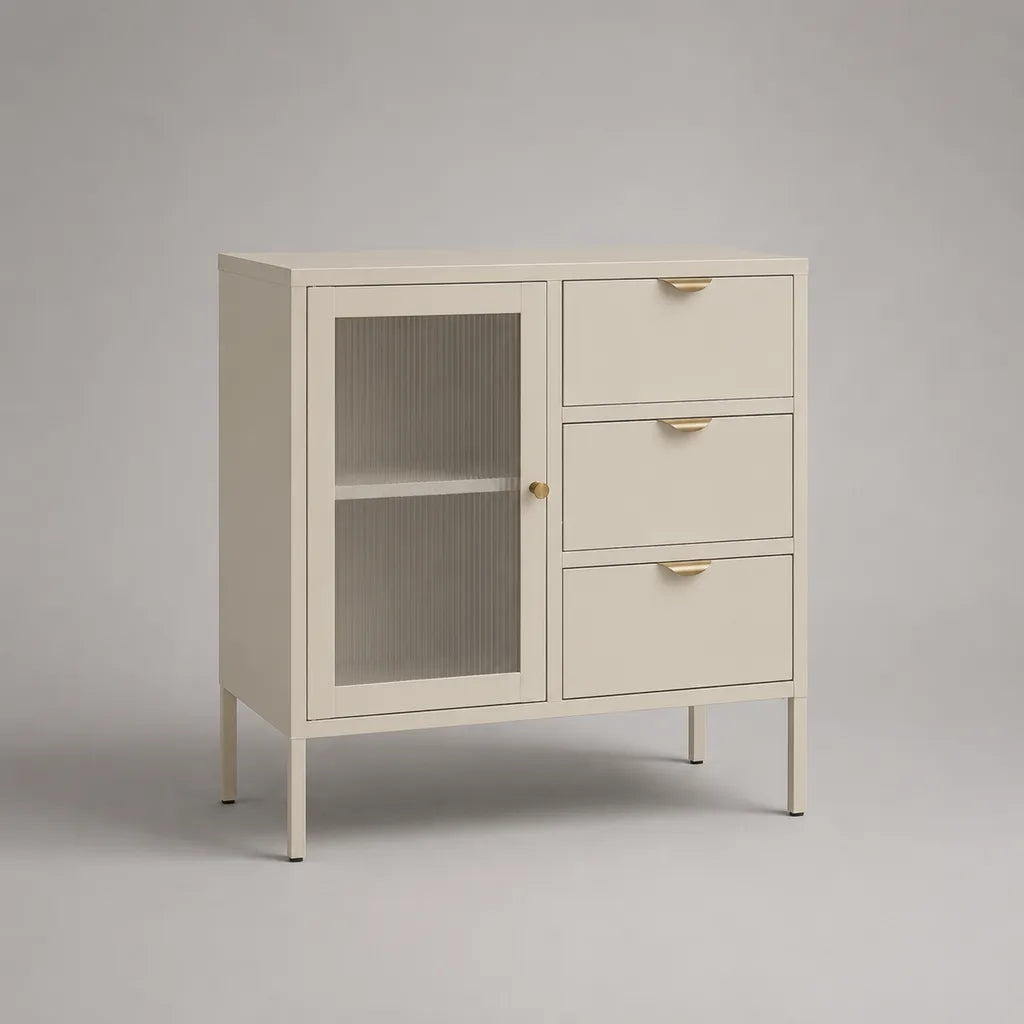 Contenitore in metallo e vetro, crema bianca e oro, 90 × 40 × 100 cm, con 3 cassetti e 1 maniglia