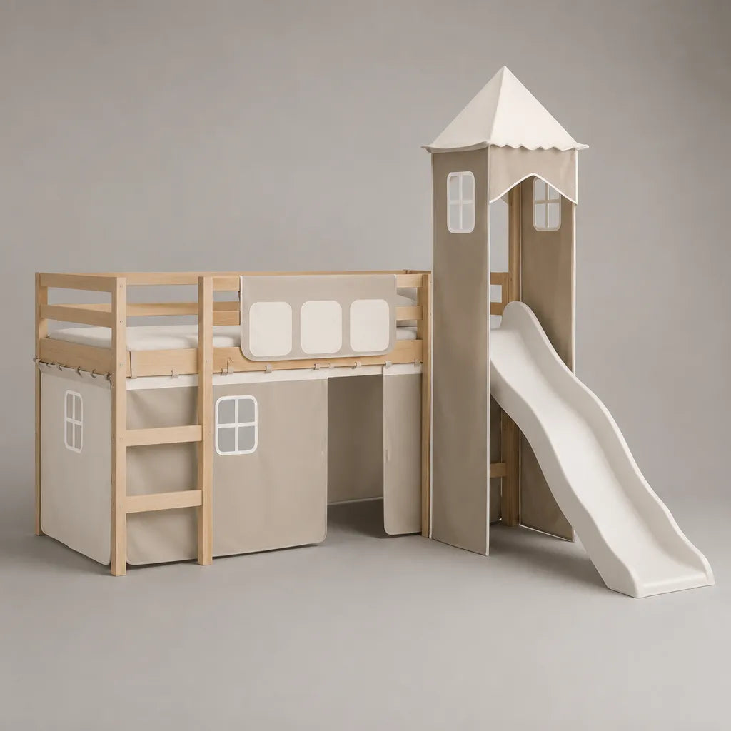 Letto mezzanine per bambini 90 × 200 cm in pino massiccio con torre, scivolo e tende, beige, legno bianco e naturale