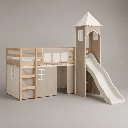 Letto mezzanine per bambini 90 × 200 cm in pino massiccio con torre, scivolo e tende, beige, legno bianco e naturale