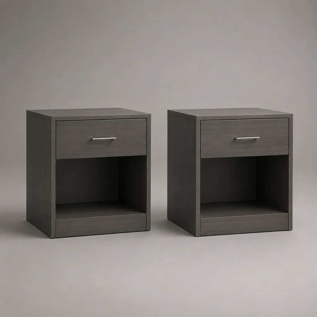 Set di 2 comodini rettangolari in pannello a particelle grigio antracite con cassetto e nicchia, 40 × 35 × 55 cm ciascuno