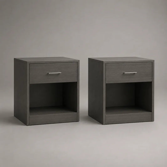 Set di 2 comodini rettangolari in pannello a particelle grigio antracite con cassetto e nicchia, 40 × 35 × 55 cm ciascuno