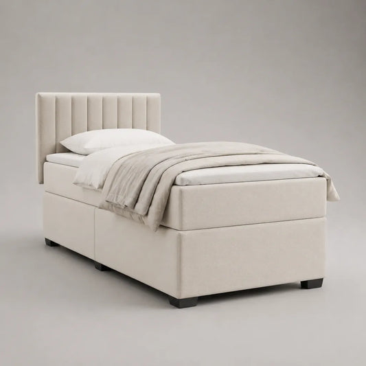 Letto a molla 1 sedile in tessuto beige chiaro con testata e materassi 90 × 200 cm