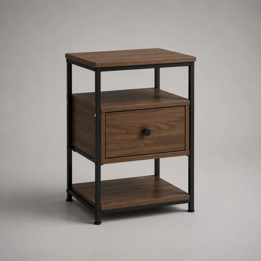 Comodino rettangolare con cassetto e 2 ripiani in pannello di particelle e acciaio, marrone noce e nero, 45 × 40 × 65 cm