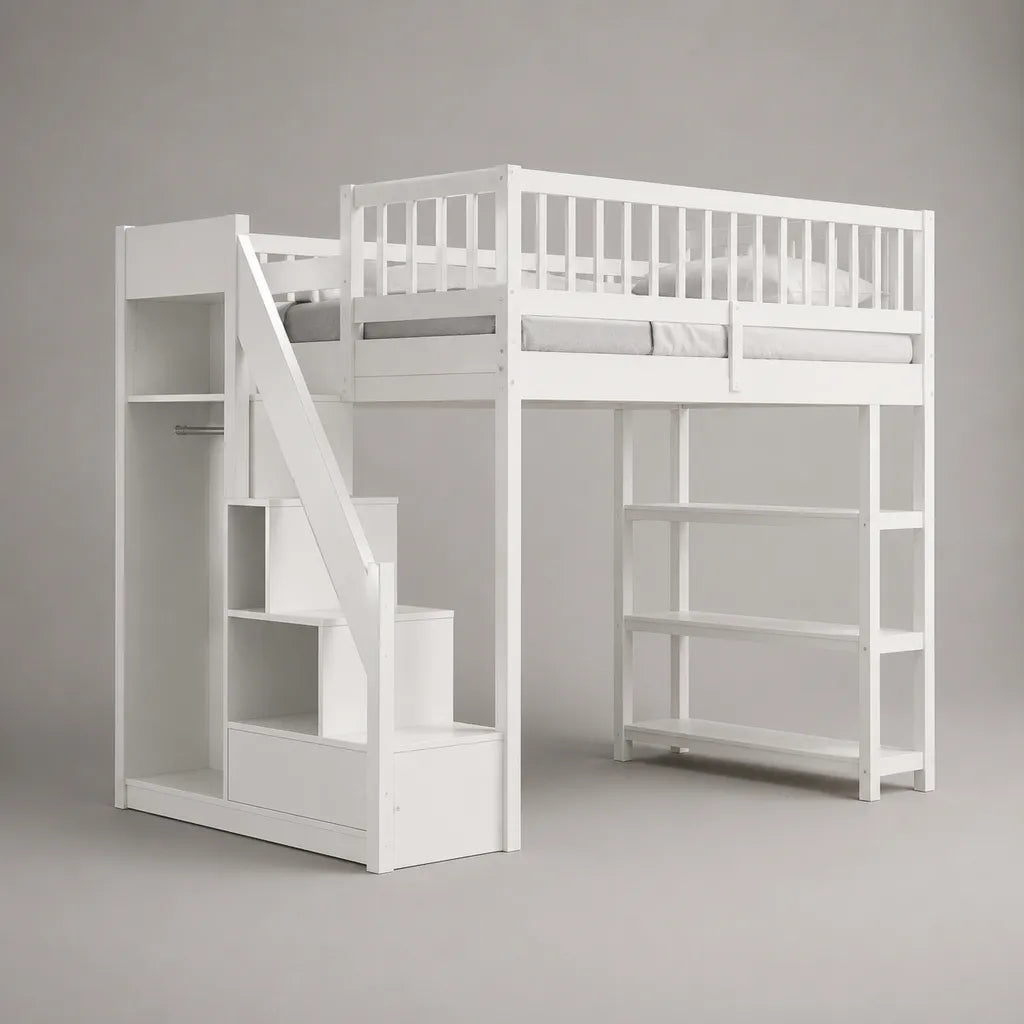 Letto mezzanine per bambini 90 × 200 cm in legno bianco con scale da ripostiglio, armadio e ripiani