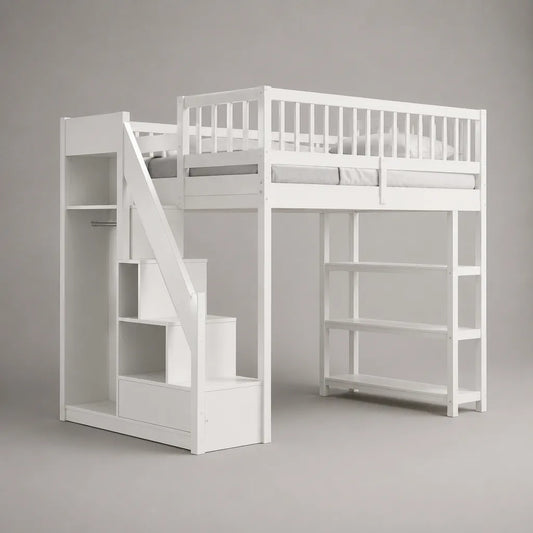 Letto mezzanine per bambini 90 × 200 cm in legno bianco con scale da ripostiglio, armadio e ripiani