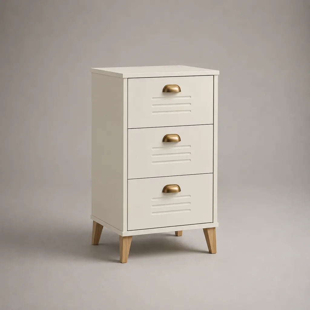 Comodino rettangolare con 3 cassetti in acciaio e legno, legno bianco, naturale e dorato, 40 × 35 × 70 cm