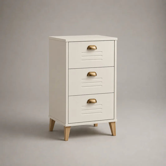 Comodino rettangolare con 3 cassetti in acciaio e legno, legno bianco, naturale e dorato, 40 × 35 × 70 cm