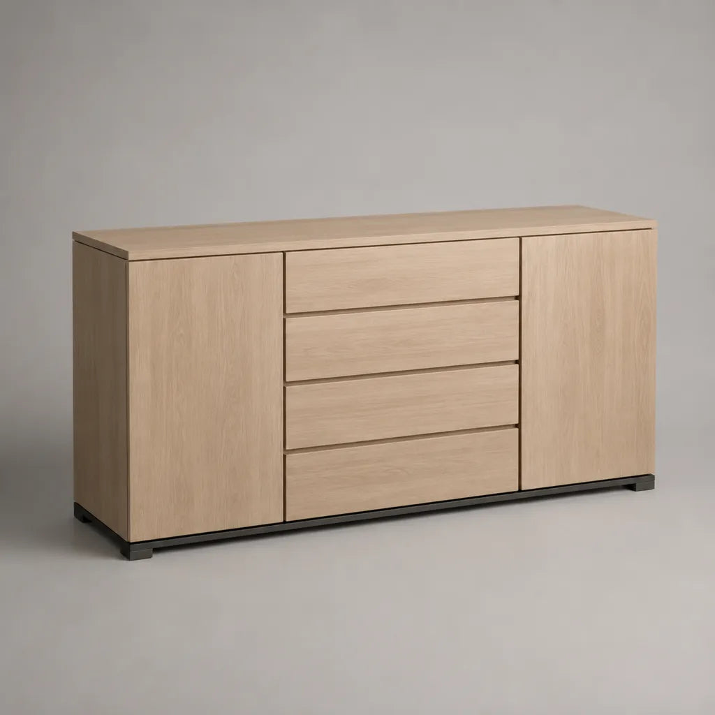 Confezionatore in rovere impiallacciato MDF con 2 porte e 4 cassetti, rovere naturale e nero, 160 × 40 × 80 cm