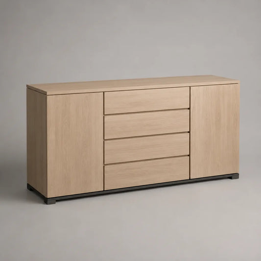 Confezionatore in rovere impiallacciato MDF con 2 porte e 4 cassetti, rovere naturale e nero, 160 × 40 × 80 cm