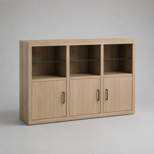 Credenza rettangolare in legno di melamina effetto rovere naturale con 3 porte, 3 camere al giorno e ripiani in vetro, 150 × 40 × 110 cm