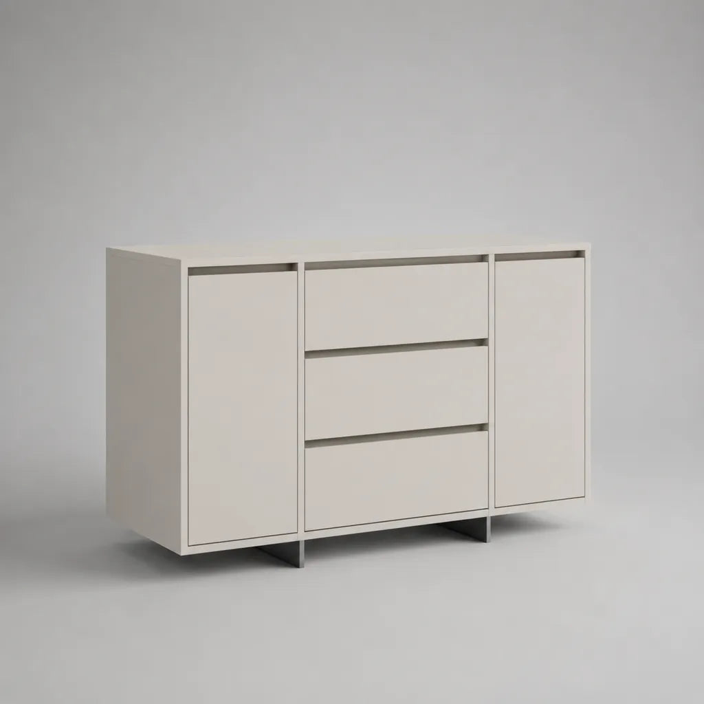 Credenza a buffet rettangolare in MDF e tavoletta in melamina, 2 porte e 3 cassetti, bianco e grigio, 140 × 40 × 85 cm