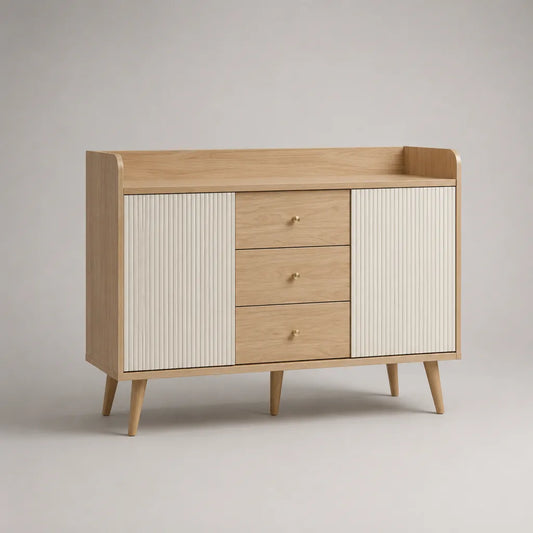 Credenza rettangolare in legno con 2 porte e 3 cassetti, rovere naturale e bianco, 120 × 40 × 100 cm
